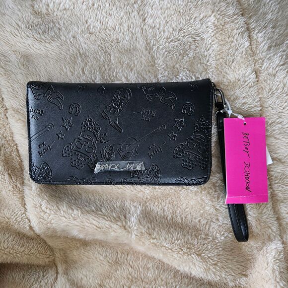 BETSEY JOHNSON Large Wallet Wristlet Black Leather Skull, boot, horseshoe design - Picture 1 of 4